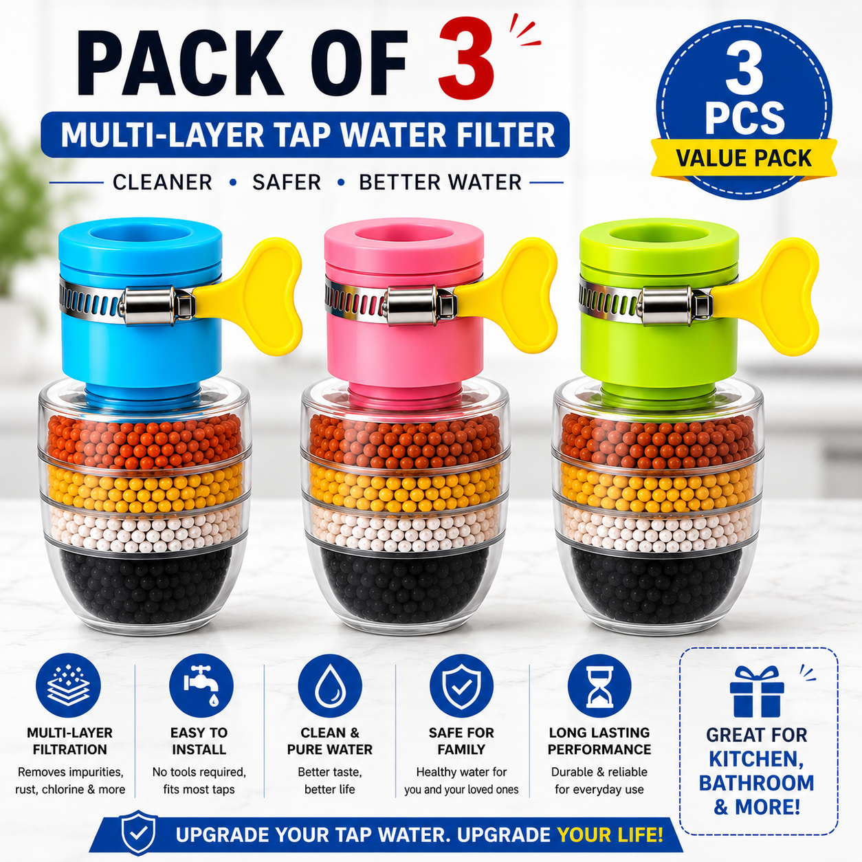 Multi-Layer Faucet Water Filter – Pack of 3 | Tap Purifier | Easy Install | Long-Lasting