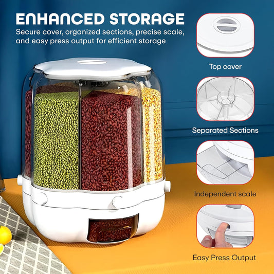 6 Grid Storage Container Moisture Resistant Sealed Lid for Rice Pulses Cereal Beans White
