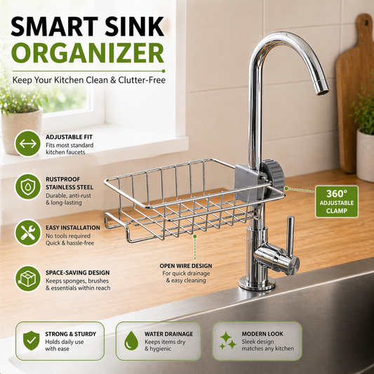 Premium Kitchen Sink Caddy Organizer – Rustproof Sponge & Soap Holder with Drain Tray