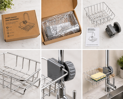 Premium Kitchen Sink Caddy Organizer – Rustproof Sponge & Soap Holder with Drain Tray