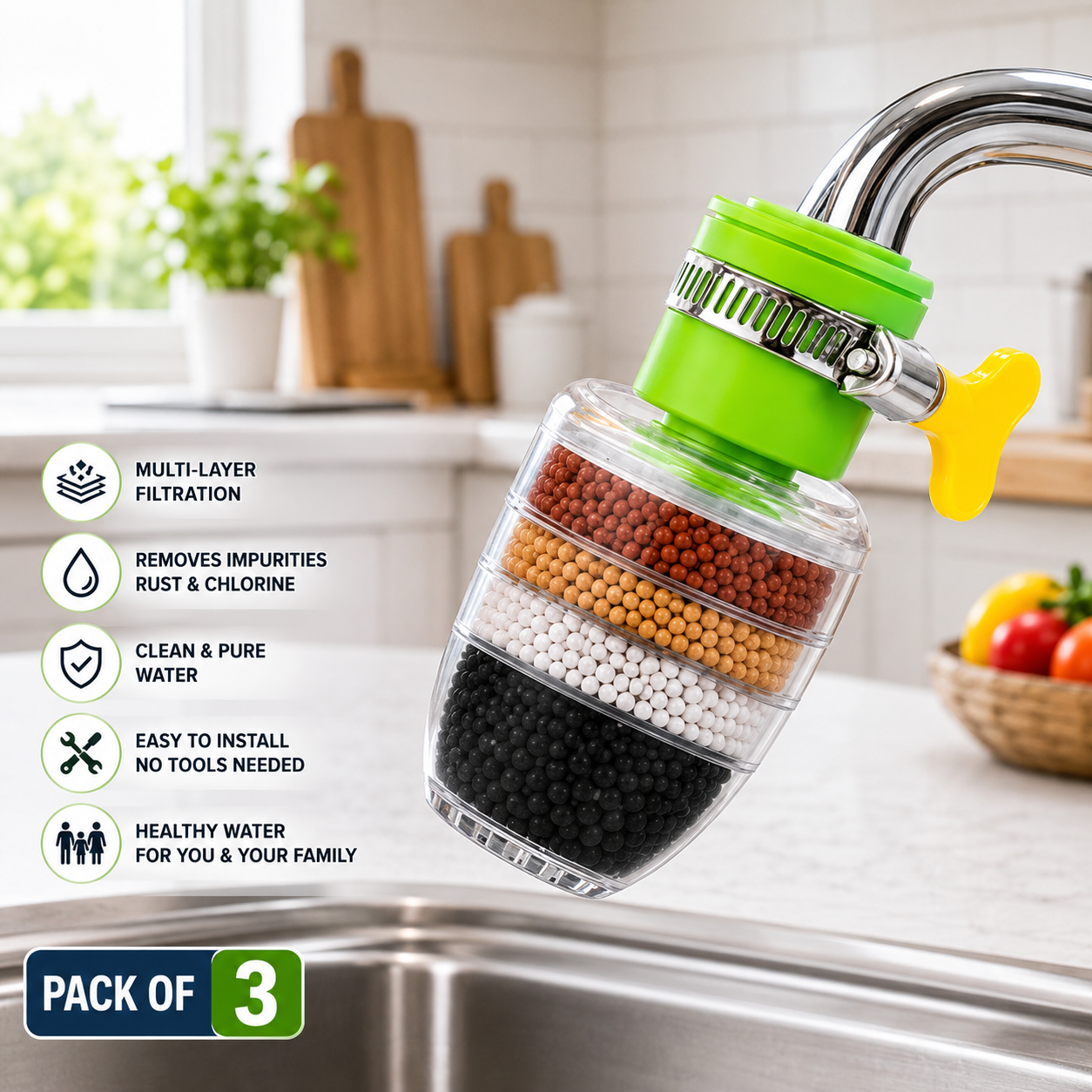 Multi-Layer Faucet Water Filter – Pack of 3 | Tap Purifier | Easy Install | Long-Lasting