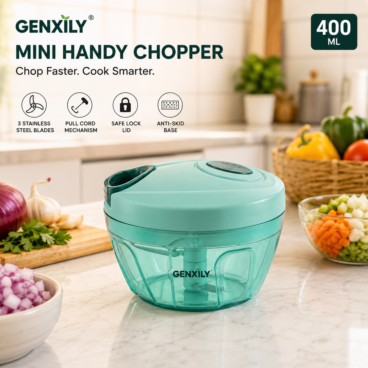 GENXILY Mini Handy Chopper 400ml – 3 Blade Manual Vegetable Cutter | Compact Kitchen Essential