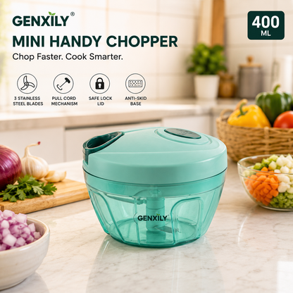 GENXILY Mini Handy Chopper 400ml – 3 Blade Manual Vegetable Cutter | Compact Kitchen Essential