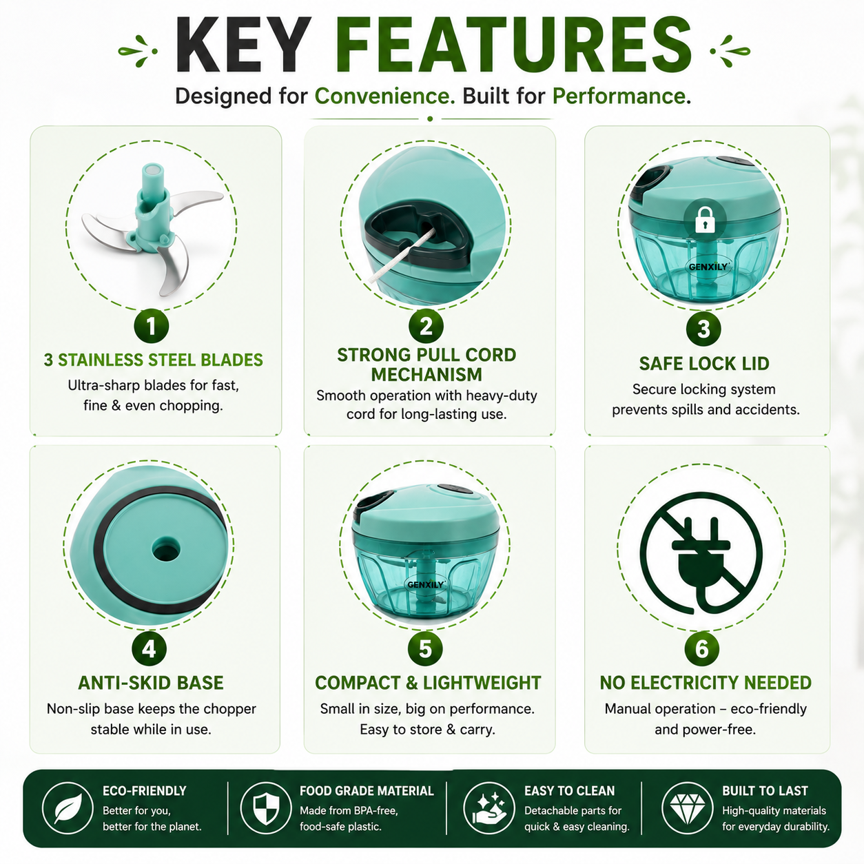 GENXILY Mini Handy Chopper 400ml – 3 Blade Manual Vegetable Cutter | Compact Kitchen Essential