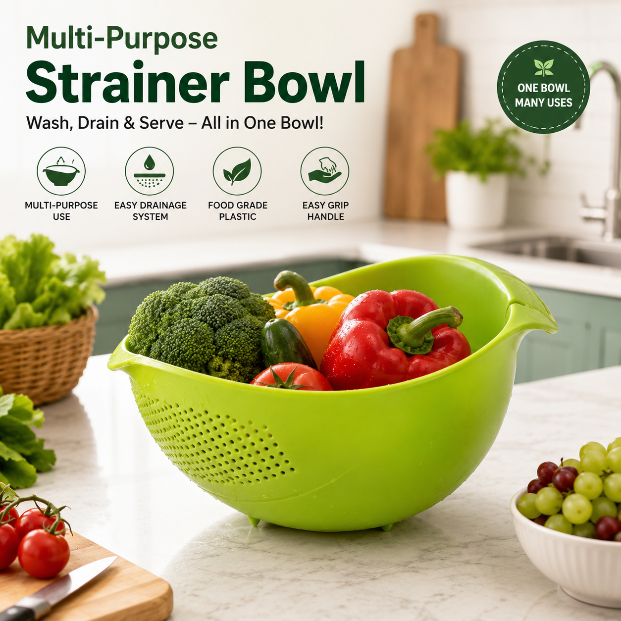 Multi-Purpose Kitchen Strainer Bowl | Wash & Drain Easily