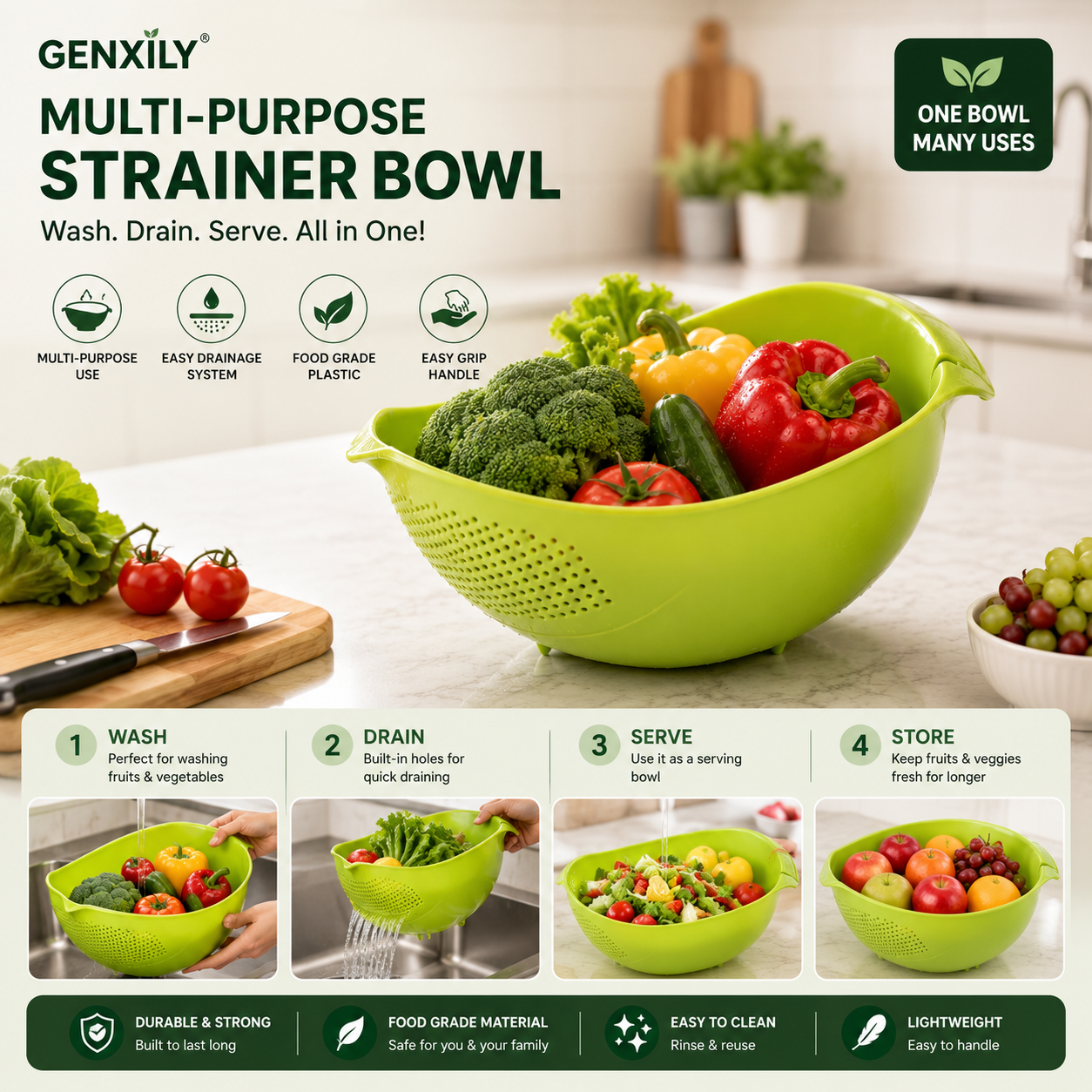 Multi-Purpose Kitchen Strainer Bowl | Wash & Drain Easily